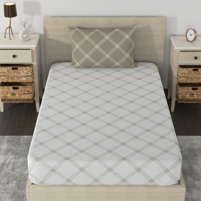 Huesland 186 TC Cotton Single Geometric Flat Bedsheet(Pack of 1, White & Brandon Beige)