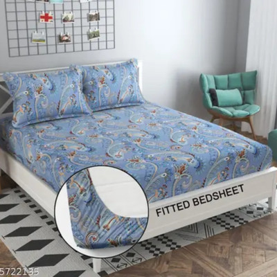 CREATURE Cotton Double Fitted (Elastic) 144 TC Printed Bedsheet(Pack of 1, VBlue Safariz Fitted 180)