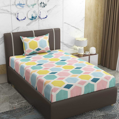 TIRKUTA 200 TC Cotton Single Geometric Fitted (Elastic) Bedsheet(Pack of 1, Multicolor)