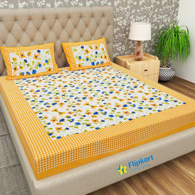 Flipkart SmartBuy Cotton Double Flat 104 TC Jaipuri Prints Bedsheet(Pack of 1, Yellow)
