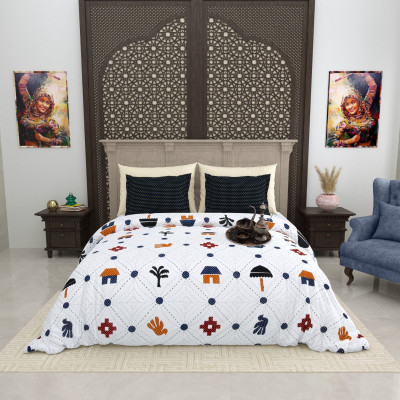RJ Cotton King Flat 210 TC Printed Bedsheet(Pack of 1, Bedsheet-White-Ornge)