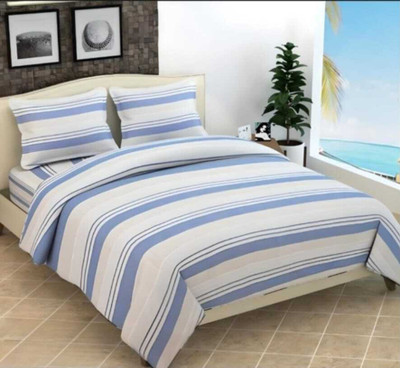 SPSON'S HANDLOOM Cotton King Flat 210 TC Striped Bedsheet(Pack of 1, White, Blue)