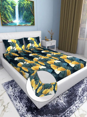 RisingStar Cotton Double Fitted (Elastic) 250 TC Printed Bedsheet(Pack of 1, Green Floral)