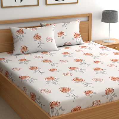 CHHAVI INDIA Microfiber Double Flat 210 TC Printed Bedsheet(Pack of 1, Peach & Orange Floral)
