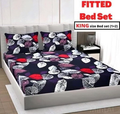 RUMFOT Microfiber Double Fitted (Elastic) 160 TC Floral Bedsheet(Pack of 1, Black)