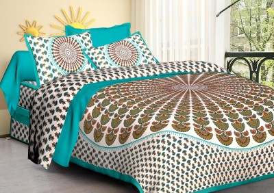 Elma 151 TC Cotton Double Jaipuri Prints Flat Bedsheet(Pack of 1, C Green)