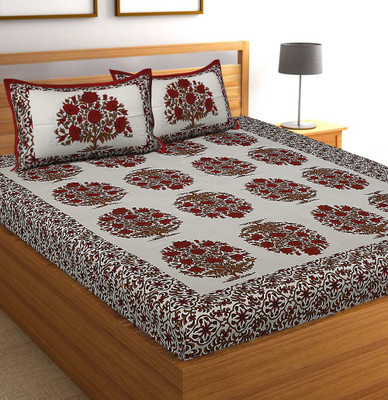 CLOTHSIDE 144 TC Cotton Double Jaipuri Prints Flat Bedsheet(Pack of 1, Red, Beige)