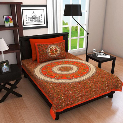 Mandakini 140 TC Cotton Single Jaipuri Prints Flat Bedsheet(Pack of 1, Orange)