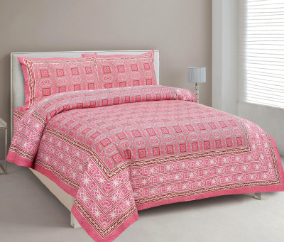 CLOTHOLOGY Cotton King Flat 240 TC Jaipuri Prints Bedsheet(Pack of 1, Pink, White)