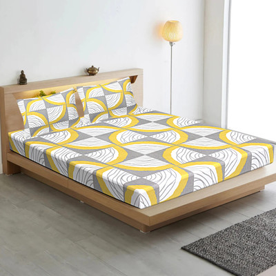 INDHOME LIFE 210 TC Cotton Queen Abstract Fitted (Elastic) Bedsheet(Pack of 1, Yellow)