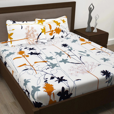 Story@home Cotton Double Flat 186 TC Printed Bedsheet(Pack of 1, White)