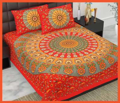 BedZone Cotton Double Flat 240 TC Jaipuri Prints Bedsheet(Pack of 1, Red)