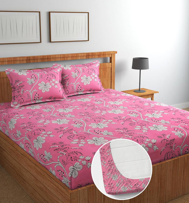 Hot Dealzz 144 TC Microfiber Double 3D Printed Fitted (Elastic) Bedsheet(Pack of 1, Pink)