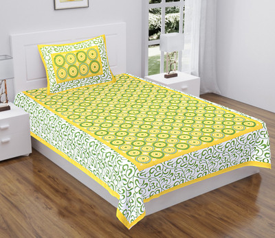 BATHAM HANDLOOM 104 TC Cotton Single Jaipuri Prints Flat Bedsheet(Pack of 1, Yellow)