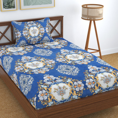 Homefab India 180 TC Microfiber Single Printed Flat Bedsheet(Pack of 1, Blue)