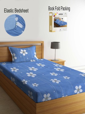 Klotthe 300 TC Polycotton Single Printed Fitted (Elastic) Bedsheet(Pack of 1, FloralBlue)