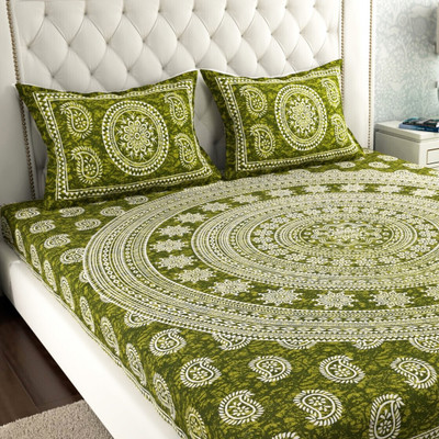 Leo Creation 144 TC Cotton Double Jaipuri Prints Flat Bedsheet(Pack of 1, Green, Dark Green, White)