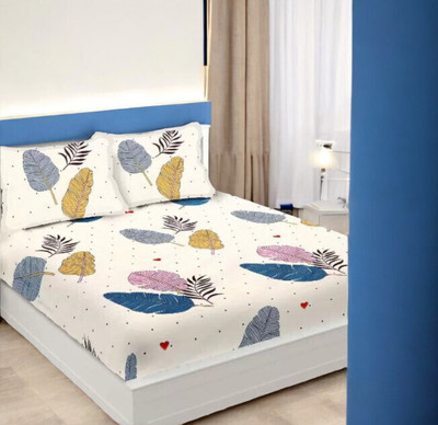 HOMYBEES 300 TC Cotton Double Abstract Fitted (Elastic) Bedsheet(Pack of 1, White)