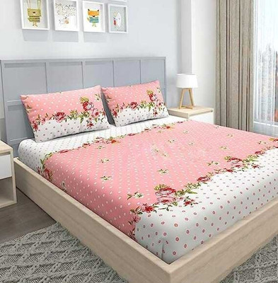 Royal Weave Cotton Double Fitted (Elastic) 230 TC Floral Bedsheet(Pack of 1, Pink)