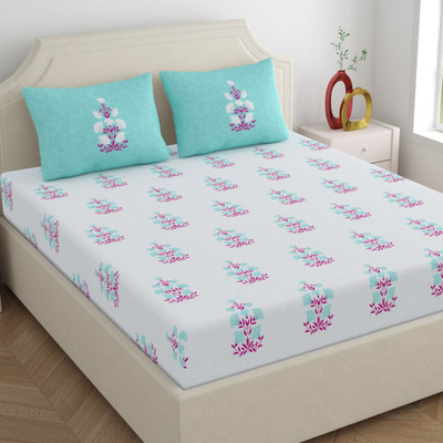 Home Ecstasy 140 TC Cotton Double Floral Flat Bedsheet(Pack of 1, Turquoise Drift)