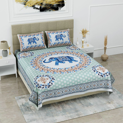 Monik Handicrafts 144 TC Cotton Queen Jaipuri Prints Flat Bedsheet(Pack of 1, Blue)