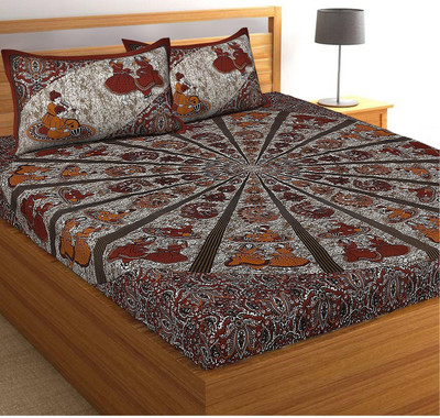 ayat collection 144 TC Cotton Double Jaipuri Prints Flat Bedsheet(Pack of 1, Dark Grey)