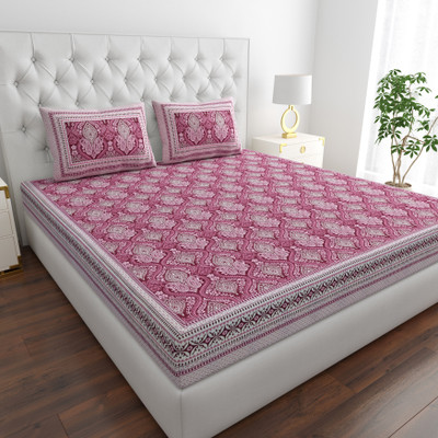 HYNA HOMM Cotton King Flat 210 TC Jaipuri Prints Bedsheet(Pack of 1, Purple_keri)