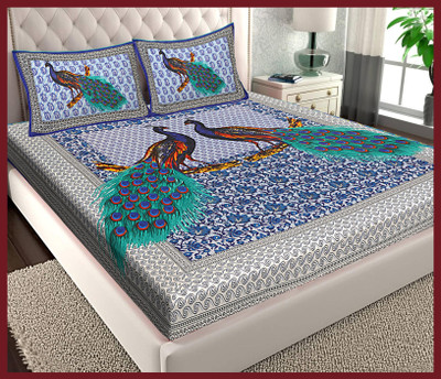 JAIPUR PRINTS Cotton Double Flat 144 TC Jaipuri Prints Bedsheet(Pack of 1, Blue)