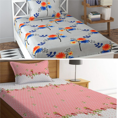 Prosseya 210 TC Cotton Single Floral Flat Bedsheet(Pack of 2, Multi-7)