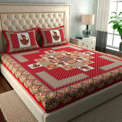BharatLinen Cotton Double Flat 144 TC Jaipuri Prints Bedsheet(Pack of 1, Red)