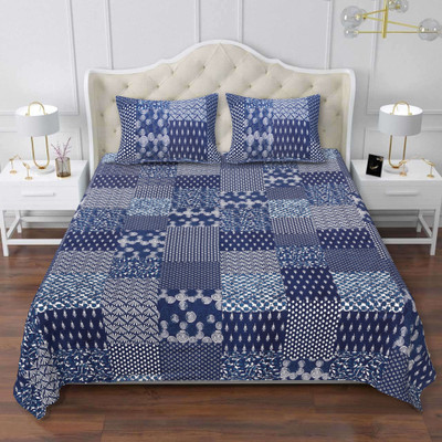SABHINJO Cotton King, Super King Flat 180 TC Jaipuri Prints Bedsheet(Pack of 1, Blue)