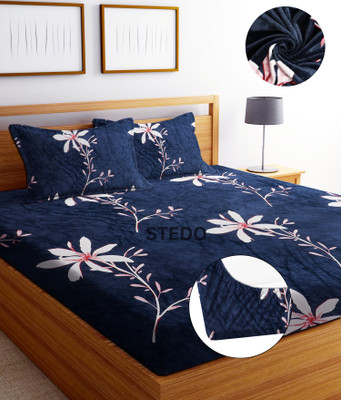STEDO Woolen King Fitted (Elastic) 380 TC Geometric Bedsheet(Pack of 1, Navy)