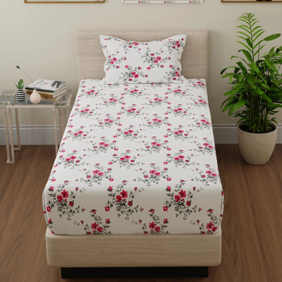 Huesland Cotton Single Flat 144 TC Floral Bedsheet(Pack of 1, White and Pink)