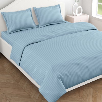 haus & kinder 210 TC Cotton Double Striped Flat Bedsheet(Pack of 1, Jean Blue)