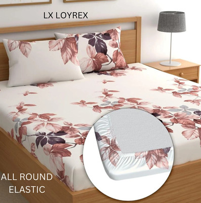 LX LOYREX 250 TC Cotton King Printed Fitted (Elastic) Bedsheet(Pack of 1, White, Red, MULTICOLOR01)