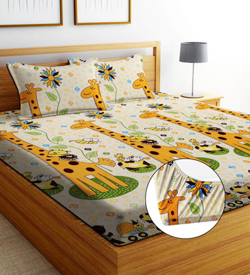 Moonroof Cotton Double Fitted (Elastic) 244 TC Printed Bedsheet(Pack of 1, Ziraf, Cartoon)