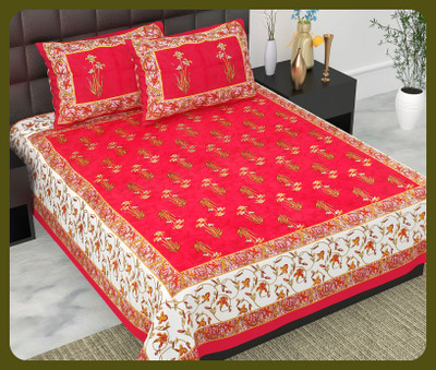 BedZone Cotton Double Flat 240 TC Jaipuri Prints Bedsheet(Pack of 1, Red)