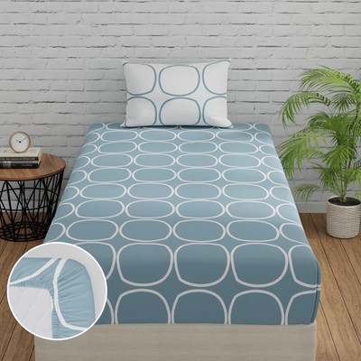 Huesland 144 TC Cotton Single Geometric Fitted (Elastic) Bedsheet(Pack of 1, Blue & White)