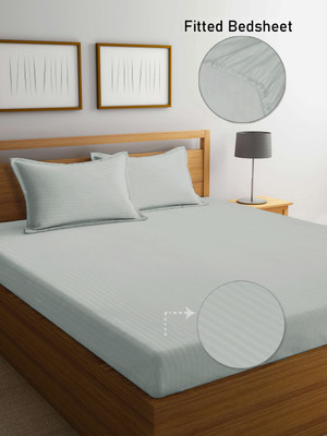 Fabinaliv Polycotton King Fitted (Elastic) 300 TC Striped Bedsheet(Pack of 1, Silver)