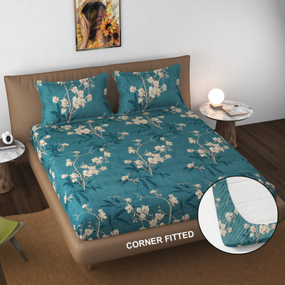 STAR TEX 210 TC Microfiber King Abstract Fitted (Elastic) Bedsheet(Pack of 1, Green)