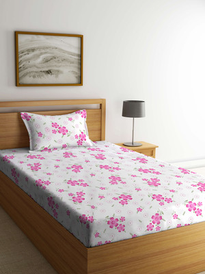 Klotthe 300 TC Polycotton Single Printed Fitted (Elastic) Bedsheet(Pack of 1, WhitePink)