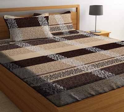 TripleV 220 TC Microfiber King Geometric Fitted (Elastic) Bedsheet(Pack of 1, Camel Beige)