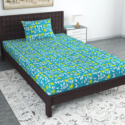 Divine Casa Cotton Single Flat 144 TC Floral Bedsheet(Pack of 1, Tile Blue)