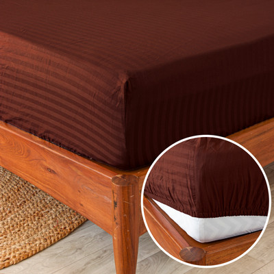 HOMEMONDE Cotton King Fitted (Elastic) 210 TC Striped Bedsheet(Pack of 1, Maroon)