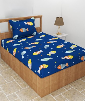 SHOVIJ 200 TC Cotton Single Printed Fitted (Elastic) Bedsheet(Pack of 1, Blue Fish)