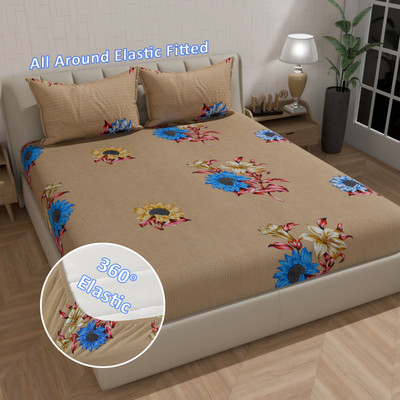 MJJ Microfiber Double Fitted (Elastic) 210 TC Floral Bedsheet(Pack of 1, Beige)