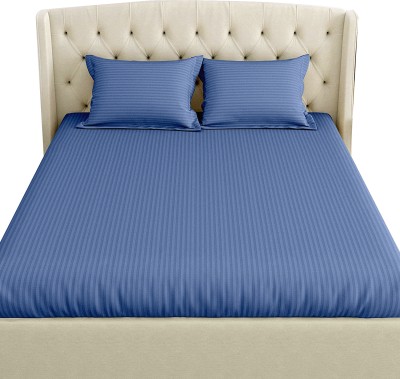 LINENWALAS 210 TC Cotton Single Striped Flat Bedsheet(Pack of 1, Bahamas Blue)