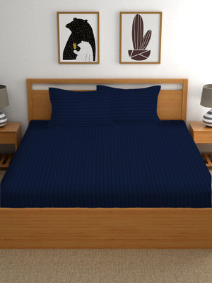 AANCHI 280 TC Cotton Double Striped Fitted (Elastic) Bedsheet(Pack of 1, Navy)