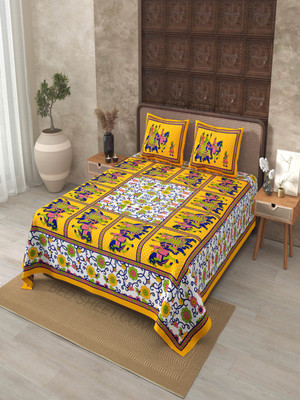 JAIPUR FABRIC Cotton Double Flat 180 TC Printed Bedsheet(Pack of 1, Yellow)