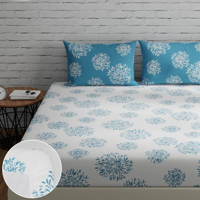 Huesland Cotton King Fitted (Elastic) 144 TC Geometric Bedsheet(Pack of 1, White)